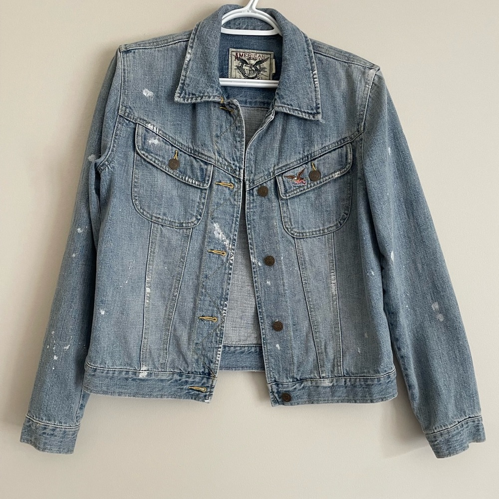 American Living Distressed Paint Splatter Denim Jean Jacket